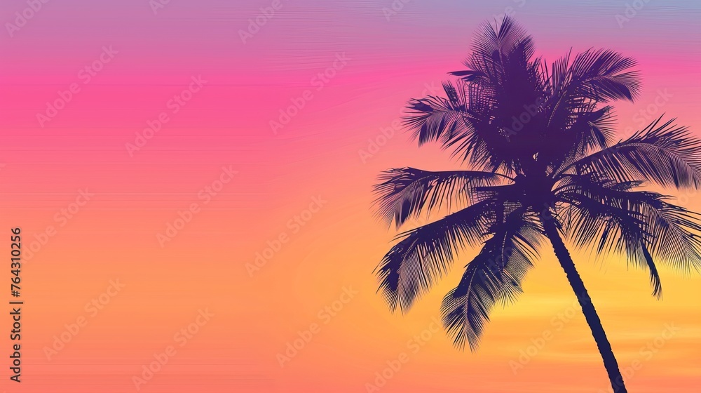 A simple silhouette of a palm tree against a gradient sunset sky AI generated illustration