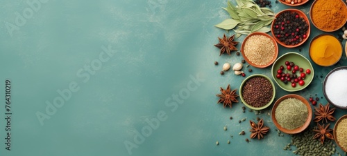 Assortment of colorful spices, seasonings and herbs in bowls on textured blue backdrop. Top view. Wide banner with copy space. Concept of cooking, culinary arts, seasoning, and gourmet ingredients.