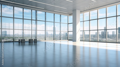 Modern empty business office with panoramic windows and urban background. Concept of contemporary architecture, corporate spaces, and business environments.