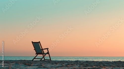 A single beach chair facing the ocean with a gradient sky AI generated illustration © Olive Studio