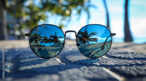 A single pair of sunglasses with palm trees reflected in the lenses AI generated illustration