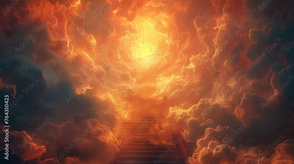 Majestic stairs rising into a sunlit gateway amidst golden clouds. Symbolic path to enlightenment or afterlife. Concept of spiritual quest, divine guidance, and sublime beauty. - obrazy, fototapety, plakaty 