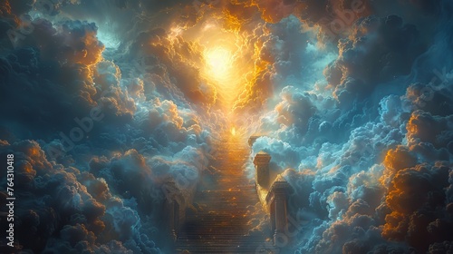 Celestial staircase ascending through a dramatic cloudscape towards a radiant light. Mystical journey to the heavens. Concept of ascension, spirituality, and otherworldly realms.