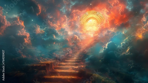 Mystical stairway ascending through clouds to radiant gateway. Staircase leading to glowing arch among the clouds. Concept of fantasy journey  heavenly ascent  mystical adventure  and ethereal realm.