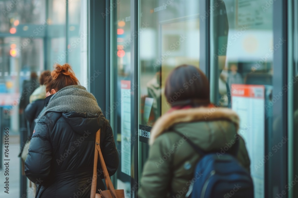 Group of People Standing Outside of a Building, People queueing at a bank to apply for their business loans, AI Generated