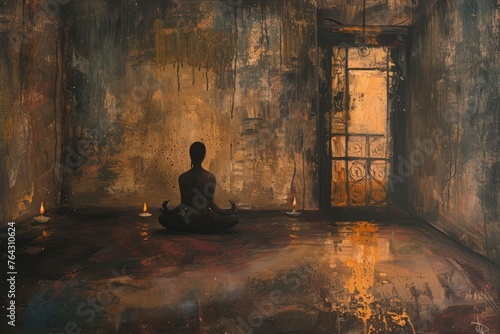 This painting depicts a person sitting in a room, captured in a realistic style, Painting of a candle-lit room with a solitary figure practicing yoga, AI Generated © Iftikhar alam