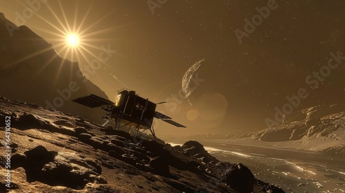 A tranquil scene of a space probe collecting samples from an asteroid AI generated illustration