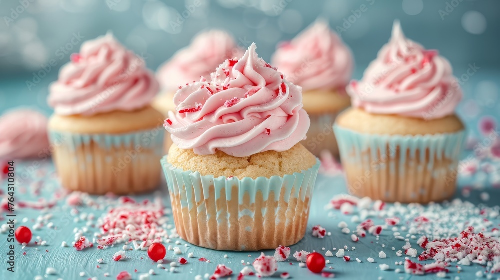 Delicious cupcakes with pink peppermint frosting and candy sprinkles