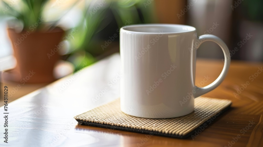 Fototapeta premium Clean white mug on a coaster AI generated illustration