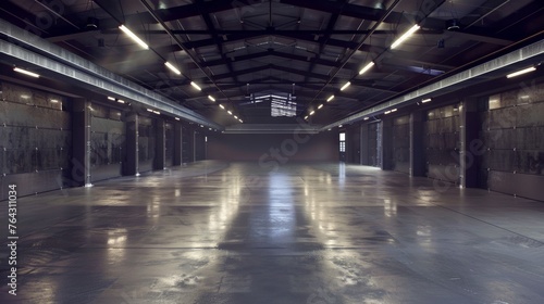 A vast, dark hall or garage, evoking a sense of space and potential, suitable for various uses including car storage or events