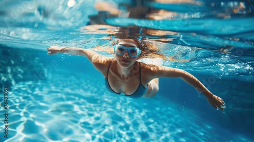 Active Young Woman Jumping and Diving Underwater in a Swimming Pool - Travel and Lifestyle Water Sport Snorkeling Generative AI