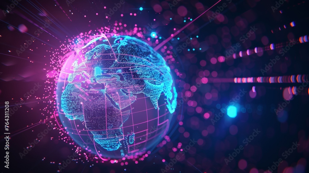 A vibrant 3D neon light globe surrounded by cyber orbits, depicting smart world technology and the interconnected nature of the digital world, with a focus on the metaverse concept A vibrant 3D neon light globe surrounded by cyber orbits, depicting smart world technology and the interconnected nature of the digital world, with a focus on the metaverse concept