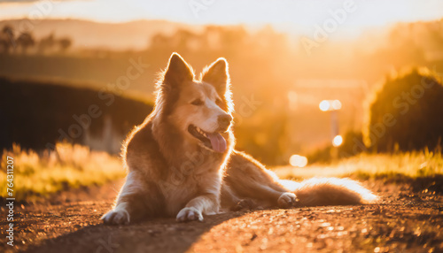 A dog laying on the ground during golden hour © Loliruri