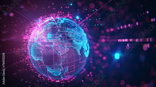 A vibrant 3D neon light globe surrounded by cyber orbits, depicting smart world technology and the interconnected nature of the digital world, with a focus on the metaverse concept