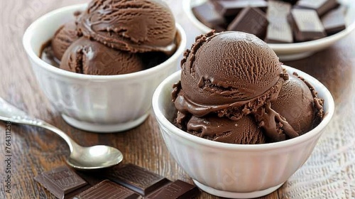two bowls filled with chocolate ice cream next to a spoon and a bowl of chocolate ice cream on a table. photo