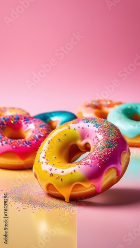 Variety of vibrant glazed donuts displayed on soft pink background, enticing with their colorful toppings, delicious allure. For cafe, pastry shop website, dessert advertisements, restaurant menu.