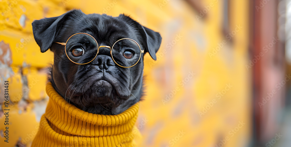 Adorable black pug wearing a yellow sweater and glasses sitting against a brick wall, looking at the camera with a cute and funny expression