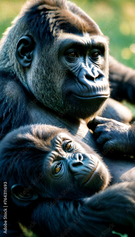 Gorillas en primer plano en la naturaleza - obrazy, fototapety, plakaty 