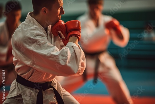 A group of men standing together in a gym, engaged in conversation or discussing their fitness routines, Rapid-fire punches in a karate sparring session, AI Generated
