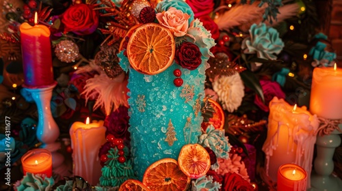 a blue vase filled with oranges next to a christmas tree with candles and other decorations on top of it.