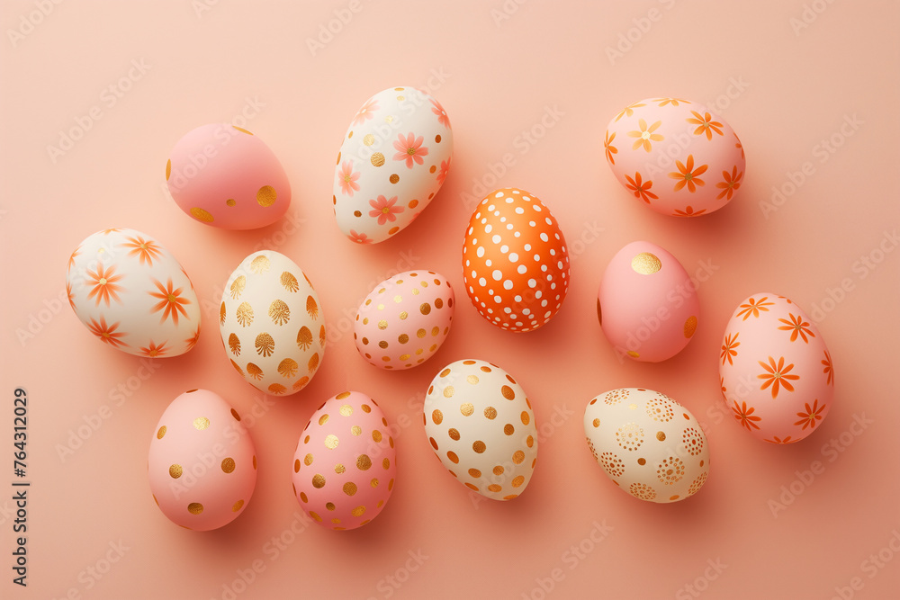 Handmade decorated pink and orange Easter eggs on peach color background