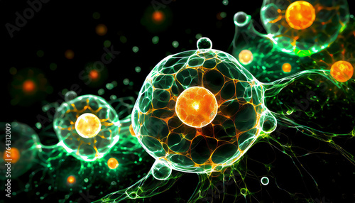 Realistic human cells made of transparent green, white, orange particles, liquid, particles isolated on black background