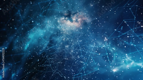An abstract depiction of science and global network connections, with a focus on the expansive and interconnected nature of the digital age, set against a softly focused night sky in blue tones