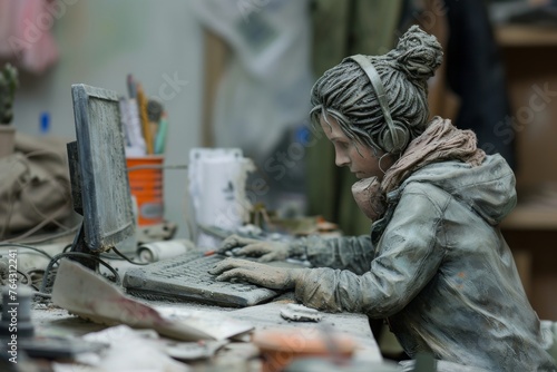 A statue of a woman diligently working on a computer, showcasing her focus and dedication, Sculpture of a person in a telework environment, AI Generated