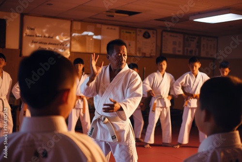 Several men gather in a room, standing closely to one another and engaging in conversation, Sensei teaching a karate class to eager students, AI Generated