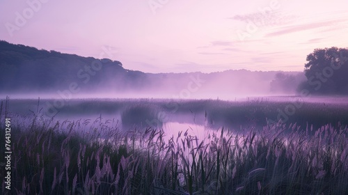 Light lavender mist enveloping a tranquil landscape AI generated illustration
