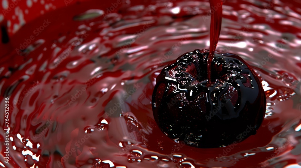 a red bowl filled with red liquid with a black object in the middle of the bowl and a black object in the middle of the bowl. a red bowl filled with red liquid with a black object in the middle of the bowl and a black object in the middle of the bowl.