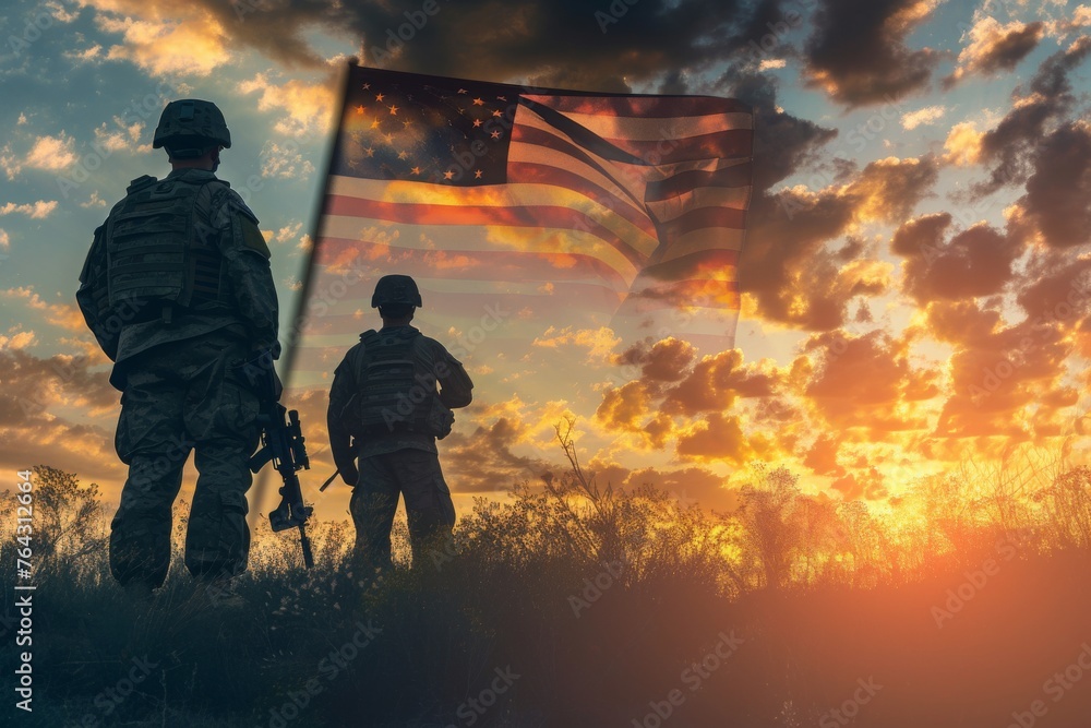 American Soldiers Standing Next to an American Flag, Silhouettes of soldiers against a sunset sky with an American flag overlay for Memorial Day, AI Generated - obrazy, fototapety, plakaty 