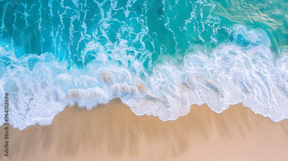 Soft turquoise waves crashing against a warm sandy beach  AI generated illustration - obrazy, fototapety, plakaty 