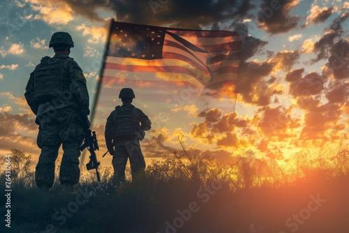 American Soldiers Standing Next to an American Flag, Silhouettes of soldiers against a sunset sky with an American flag overlay for Memorial Day, AI Generated