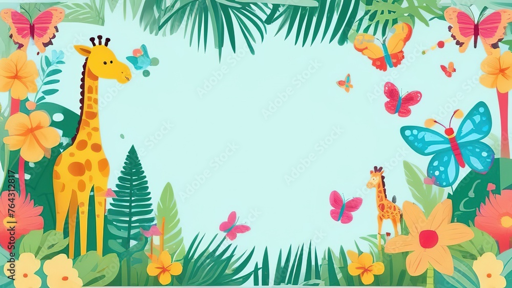 Watercolor frame with tropical leaves and animals. Giraffe, birds, butterflies, tropical flowers. Background with place for text. Floral frame for the design of invitations, cards.
