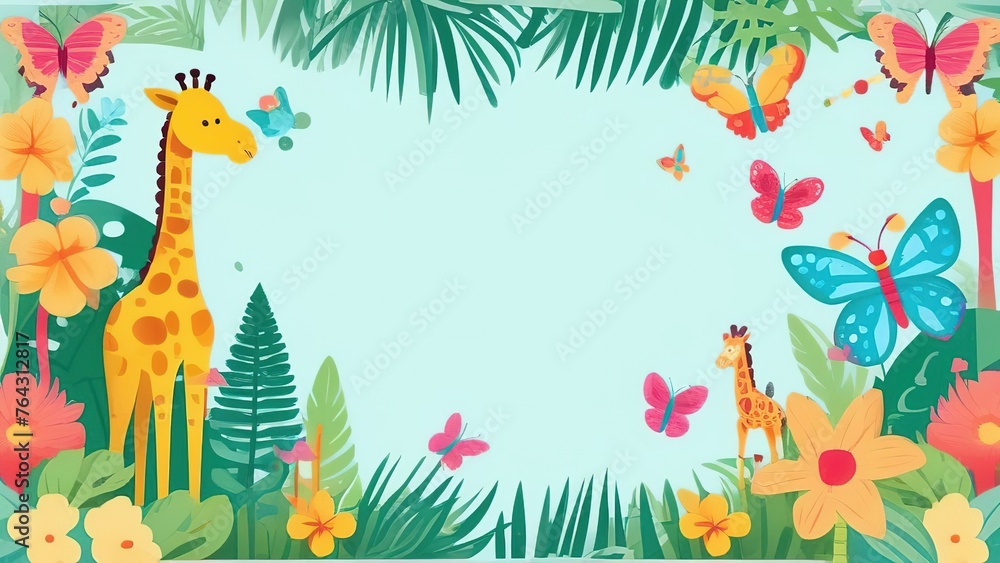 Obraz premium Watercolor frame with tropical leaves and animals. Giraffe, birds, butterflies, tropical flowers. Background with place for text. Floral frame for the design of invitations, cards.