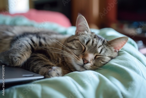 A cat peacefully sleeping on top of a bed next to a laptop computer, Snuggling with pets during work from home hours, AI Generated