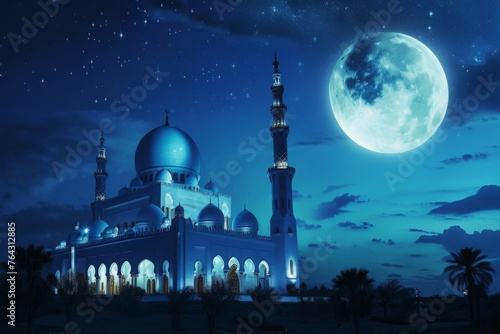 A night scene featuring a mosque illuminated by the full moon in the background, Soothing nighttime scene of a mosque under moonlight, AI Generated © Iftikhar alam