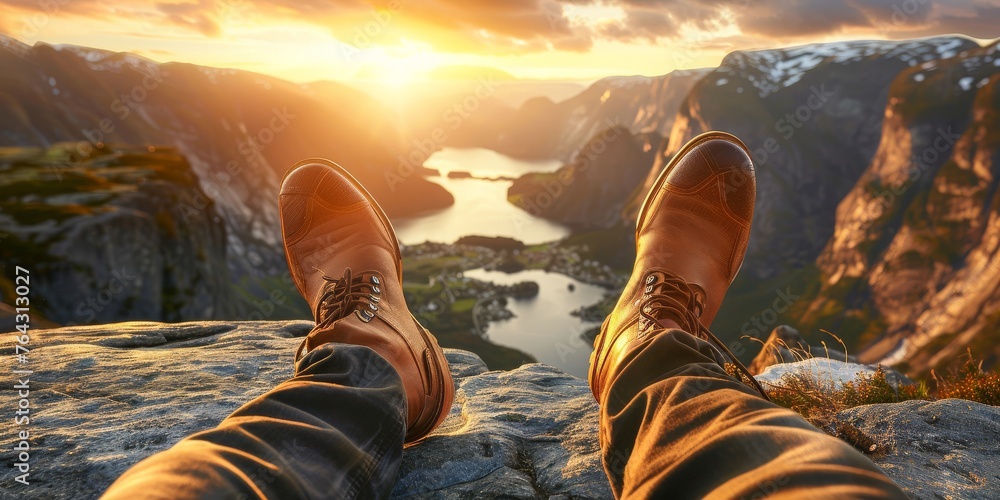 A Hikers View from Above, Legs Dangling over a Calm Fjord, Immersed in the Grandeur of Mountainous Landscapes and the Quiet of Nature, Generative AI - obrazy, fototapety, plakaty 