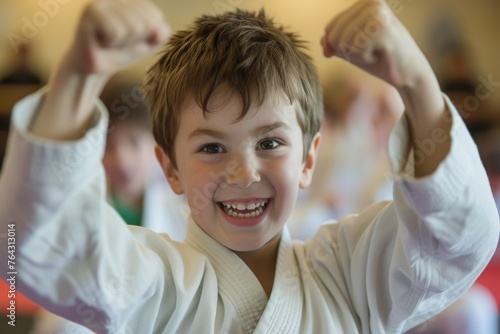 A focused young boy wearing a white karate outfit, executing a martial arts move with precision and determination, Sparking enthusiasm in a kids' karate class, AI Generated