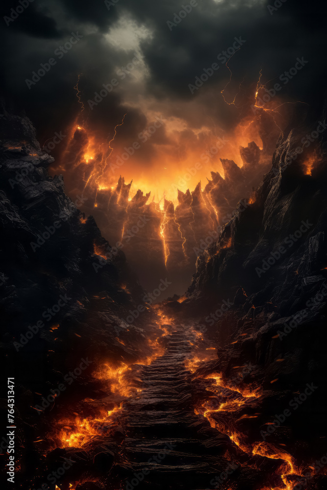 Fototapeta premium Apocalyptic inferno underworld landscape with road to hell. Life after death religious concept.
