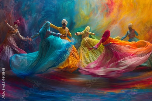 A lively group of women wearing vibrant dresses dance together in synchrony, showcasing their joyful and energetic movements, Sufi dancers in a whirl of vibrant colors, AI Generated