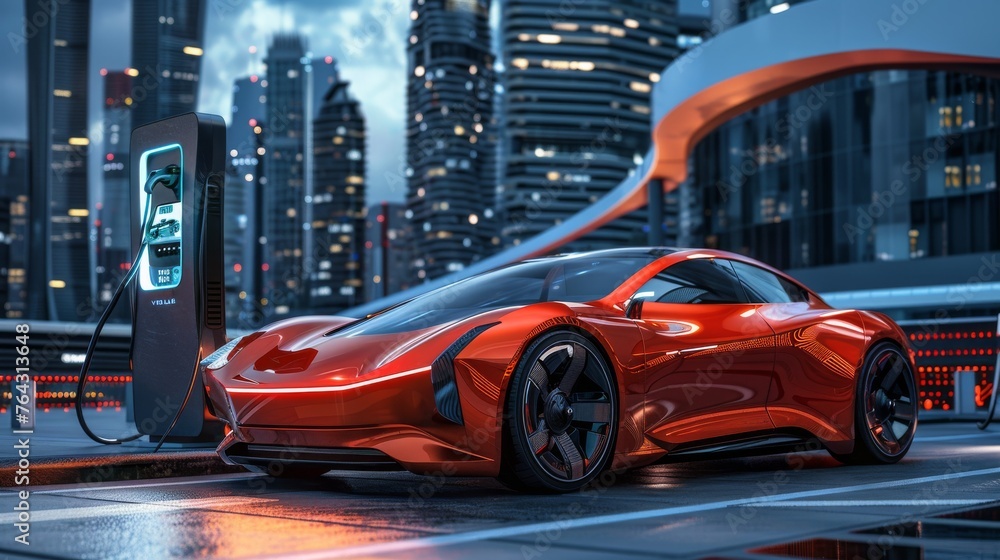 An energy EV car concept with a futuristic hybrid vehicle at a charging station, blending urban landscapes with green technology 