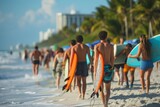 A group of individuals, carrying surfboards, walks along the sandy beach, enjoying the coastal scenery, Surfers carrying their boards on a busy Miami beach, AI Generated