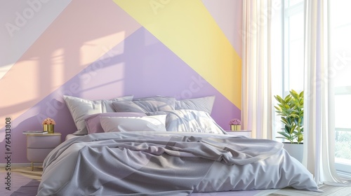Naklejka Soft pastel yellow and lavender tones in a whimsical geometric design for a bedroom AI generated illustration