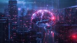 An exploration of AI and artificial intelligence innovation, featuring a digital brain and concepts of deep machine learning and neural networks