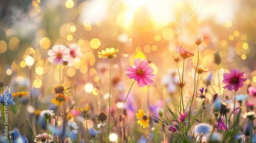 Colorful flower meadow, sunbeams, blue sky and bokeh lights in summer, blurry background, copy and text space, 16:9