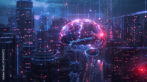 An exploration of AI and artificial intelligence innovation, featuring a digital brain and concepts of deep machine learning and neural networks © Orxan