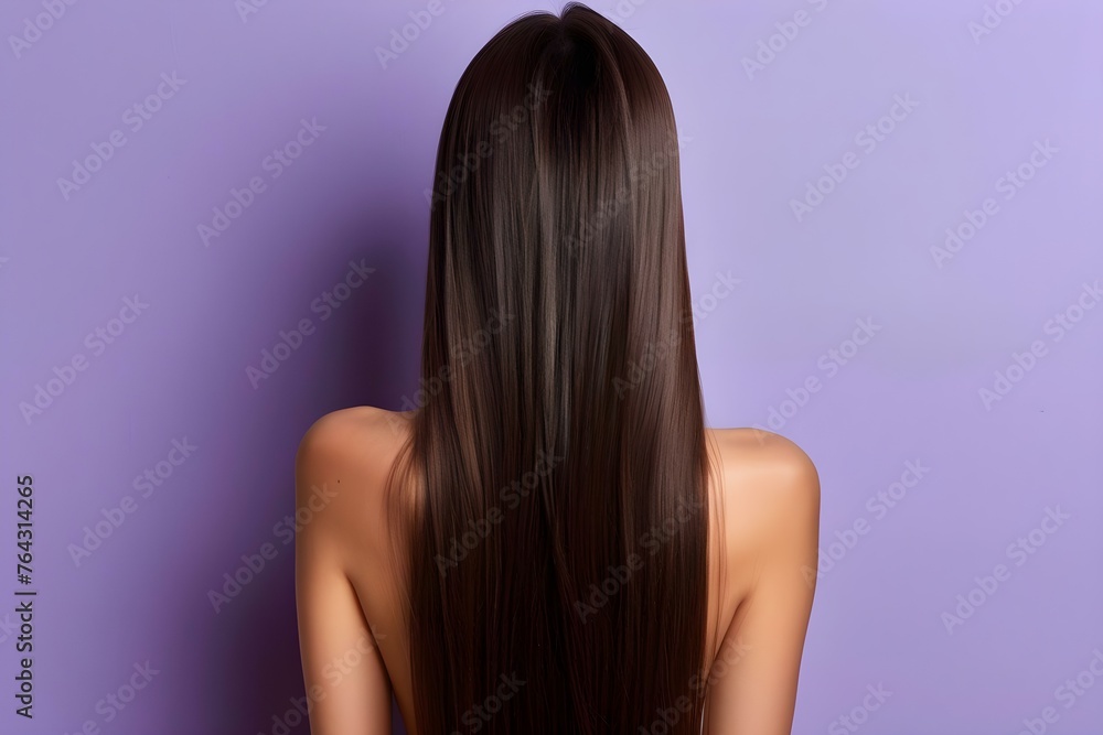 Portrait of a Woman with Straight Long Brunette Hair on a Purple Background. Concept Hair Photography, Portrait Poses, Purple Backdrop, Brunette Model, Long Straight Hair Portrait of a Woman with Straight Long Brunette Hair on a Purple Background. Concept Hair Photography, Portrait Poses, Purple Backdrop, Brunette Model, Long Straight Hair