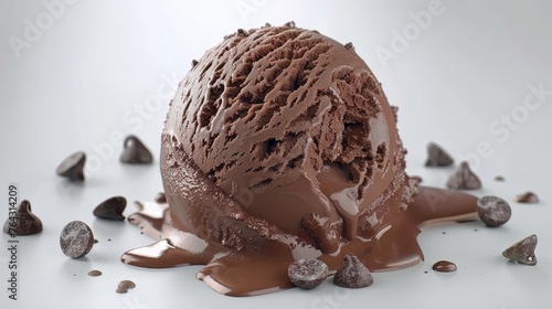 a scoop of chocolate ice cream is drizzled with chocolate chips on the side of the ice cream. © Anna